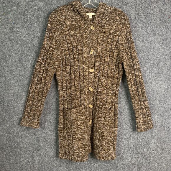 Carolyn Taylor Longline Hooded Button Cardigan Bulky Cable Patch Pockets Sz M - Picture 1 of 12